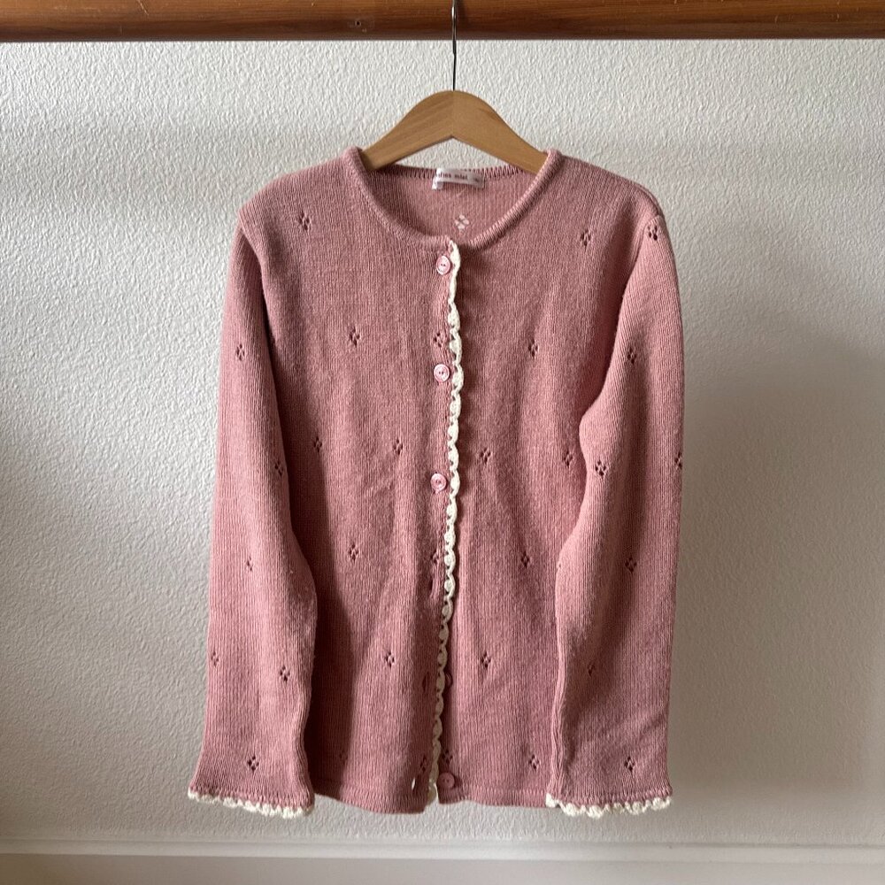 Girls Soft Pink Pointelle Knit Cardigan Wool Blend Soft Size 8 Luxury Chic